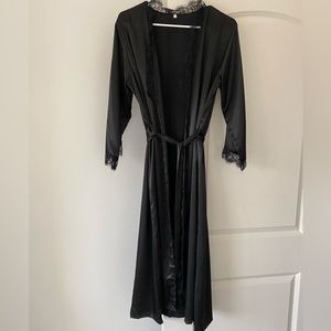 Black Satin Robe with Lace Details